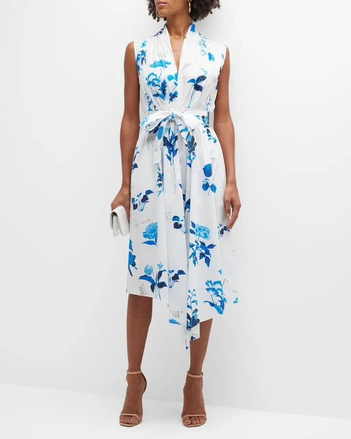 Floral-Print Belted Asymmetric Poplin Midi Dress
