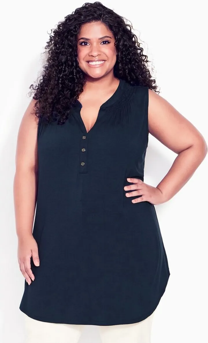 AVENUE | Women's Plus Size Smock Henley Tunic - navy - 16W