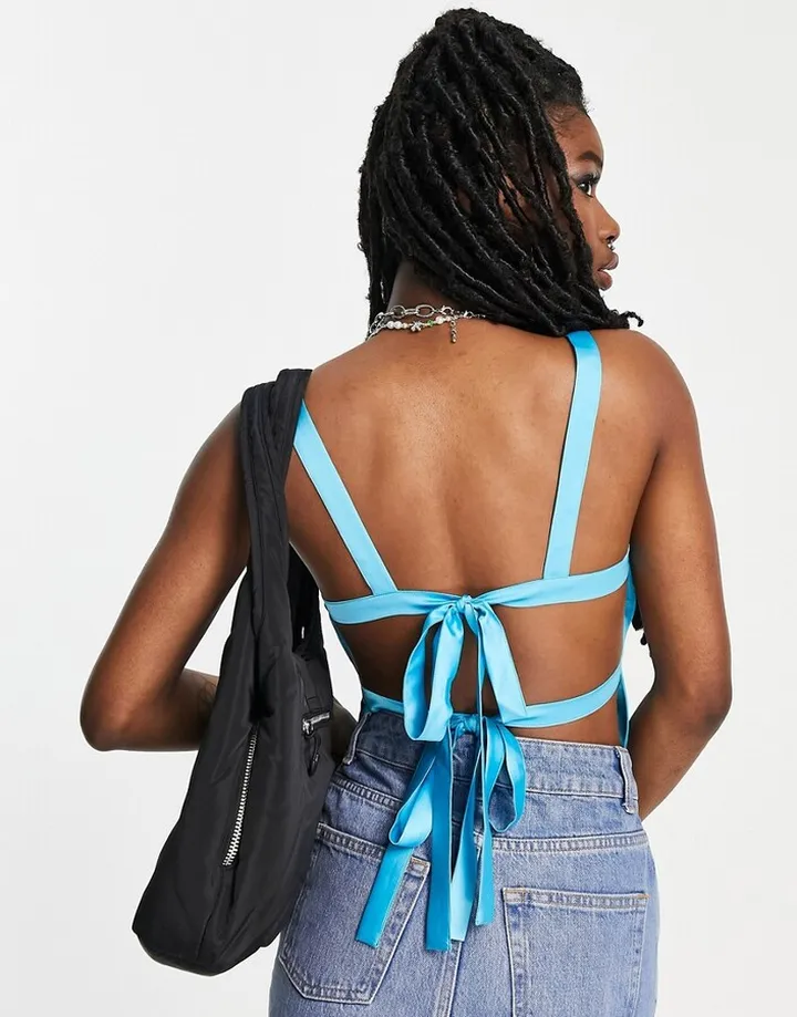 ASOS DESIGN square neck tie back cami in blue pop
