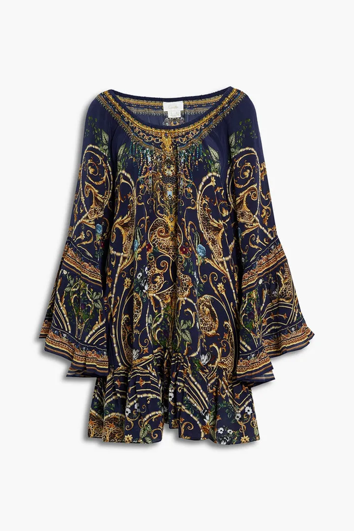 Crystal-embellished printed silk crepe de chine mini dress