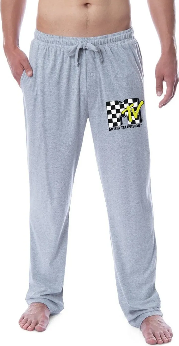 MTV Mens' Music Television Checkered Vintage Logo '80s Sleep Pajama Pants (XL) Grey