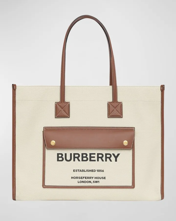 Smooth Leather & Canvas Pocket East-West Tote Bag