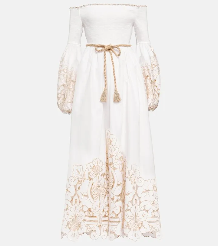 Embroidered off-shoulder cotton midi dress
