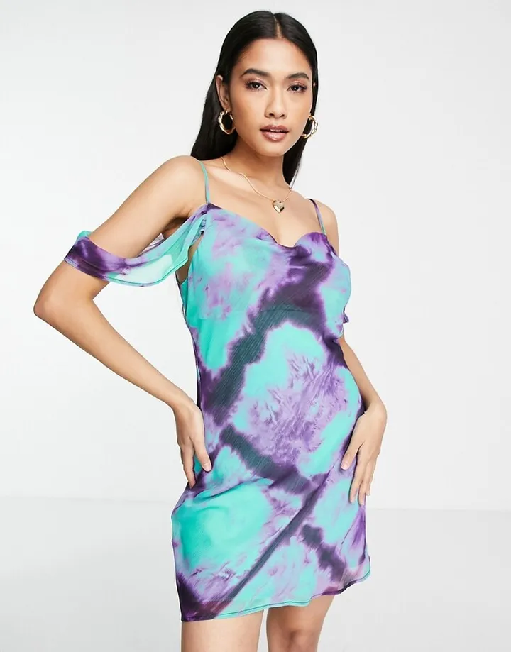 Topshop off shoulder cami mini dress in blue tie dye print