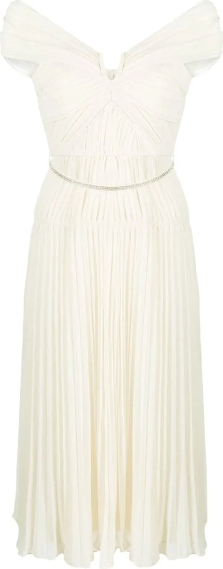 Off-Shoulder Pleated Midi Dress