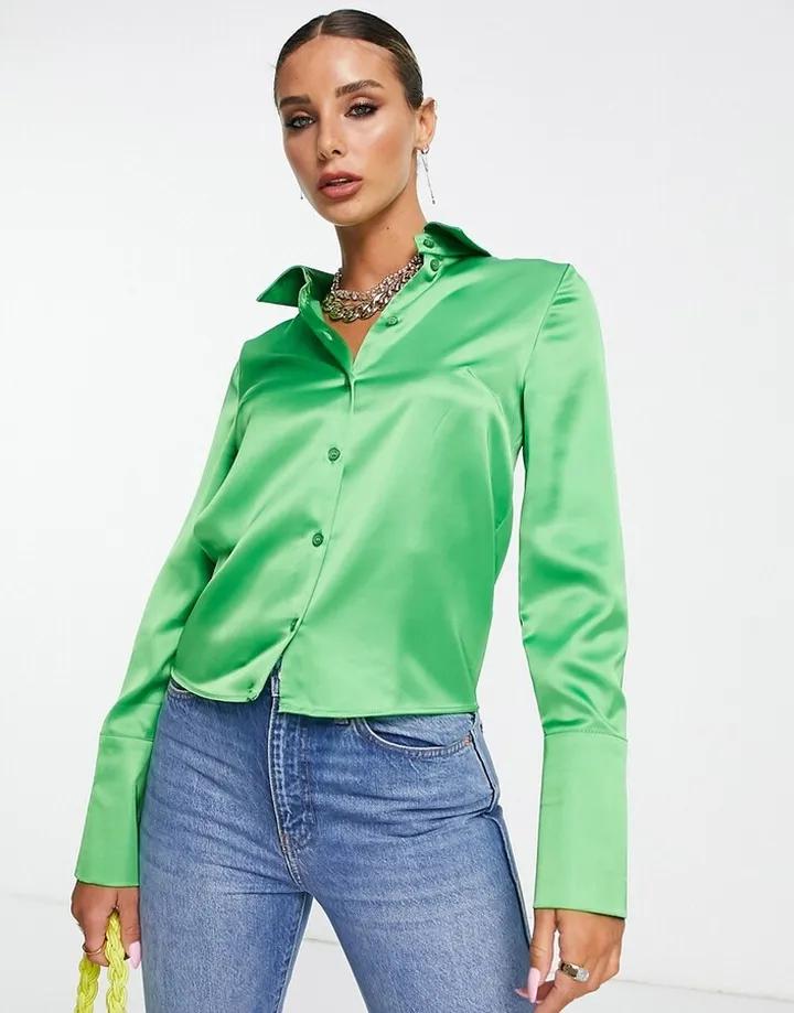 Topshop fitted long sleeve deep cuff satin shirt in green