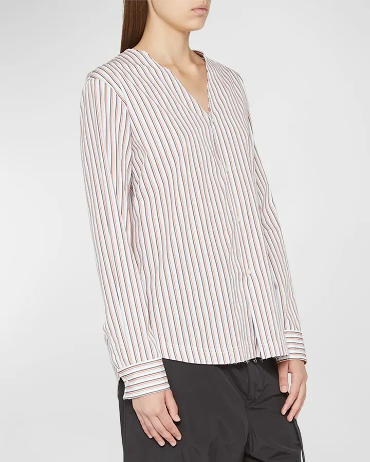 Striped Collarless Long-Sleeve Shirt