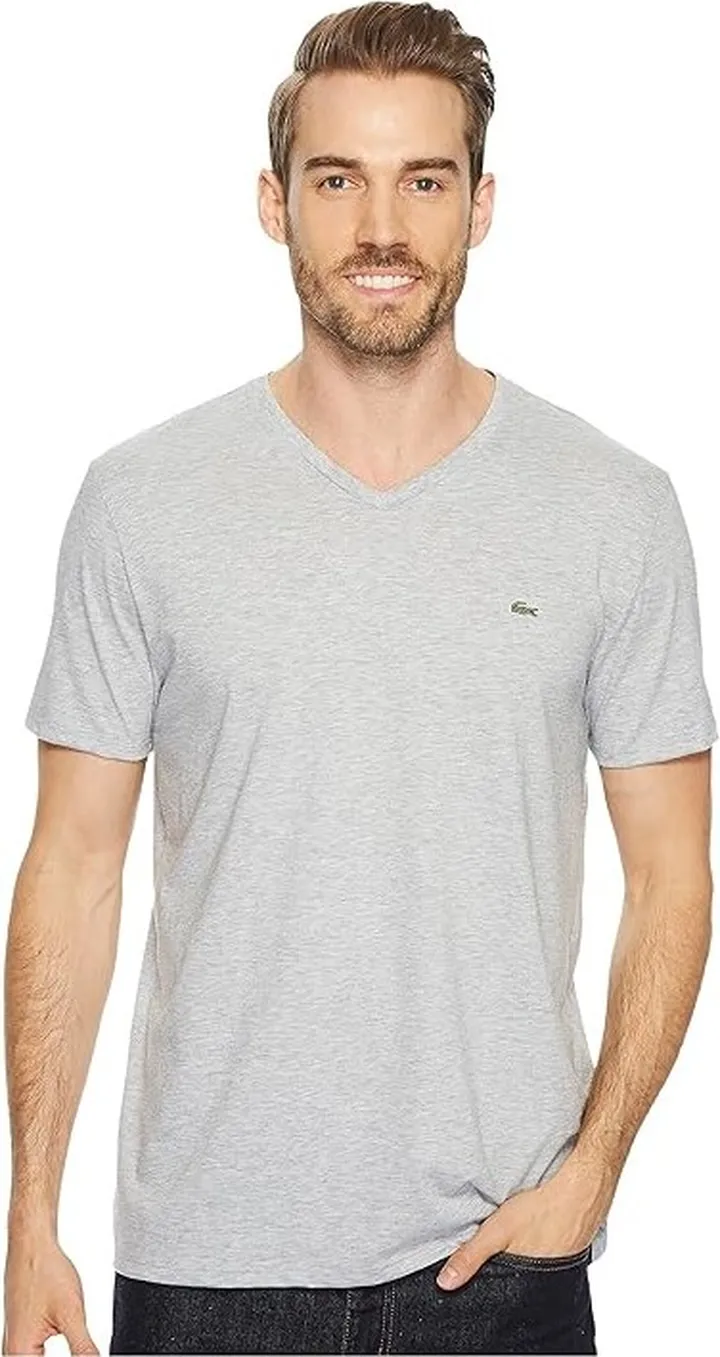 Lacoste Short Sleeve V-Neck Pima Jersey Tee (Silver Chine) Men's T Shirt
