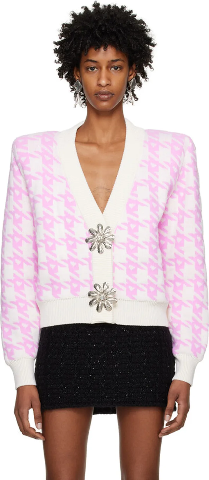 AREA Pink & Off-White Mussel Flower Cardigan