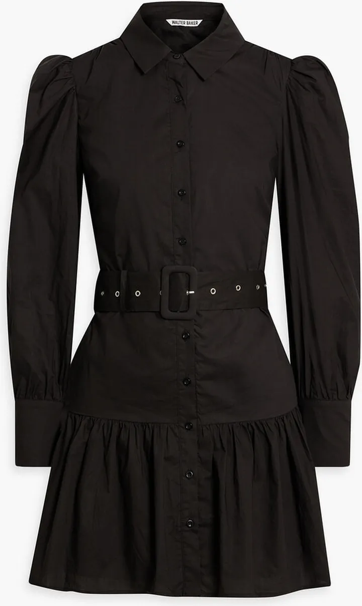 Tara belted gathered cotton-poplin mini shirt dress