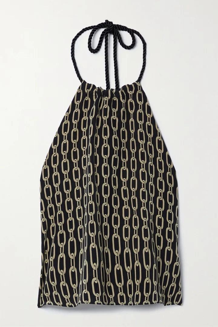 Nili Lotan - Anais Cropped Tasseled Printed Silk Halterneck Top - Black