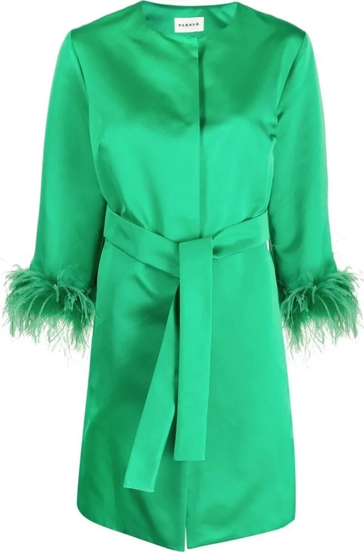 Feather-Trim Belted Coat