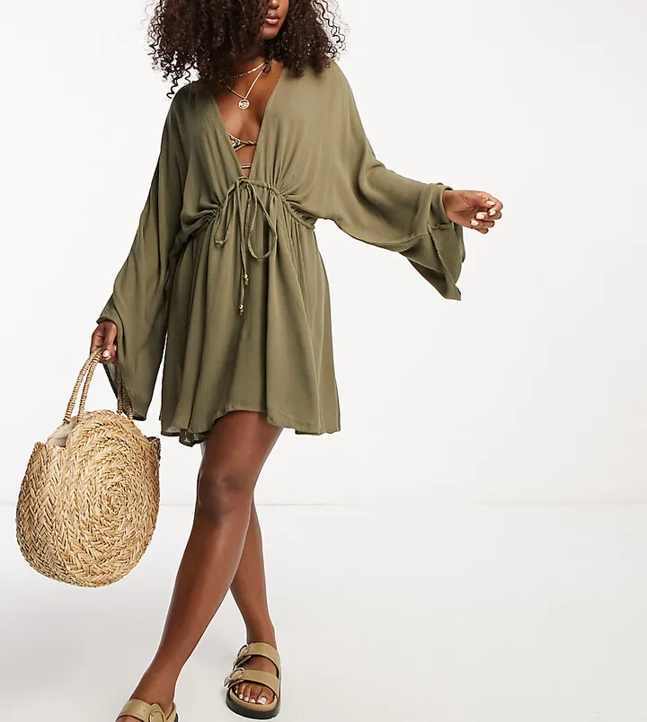 South Beach balloon sleeve beach kimono in khaki