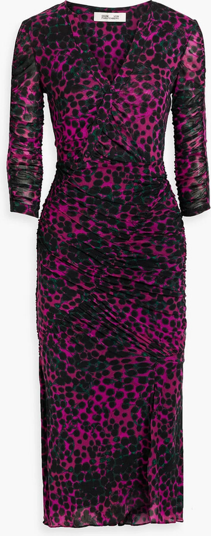 Mira ruched printed stretch-mesh midi dress