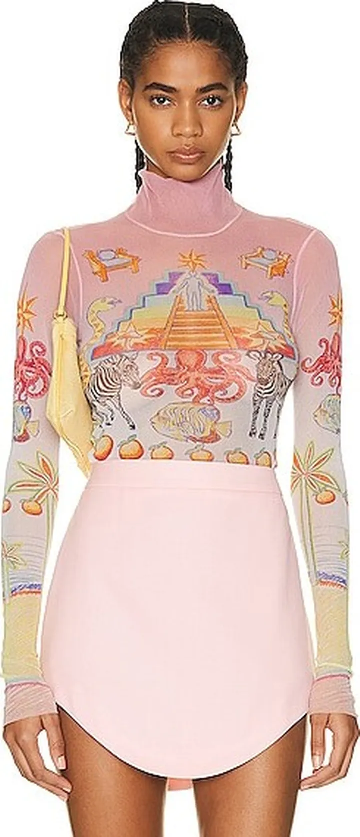 Casablanca Mesh Turtleneck Long Sleeve Top in Pink