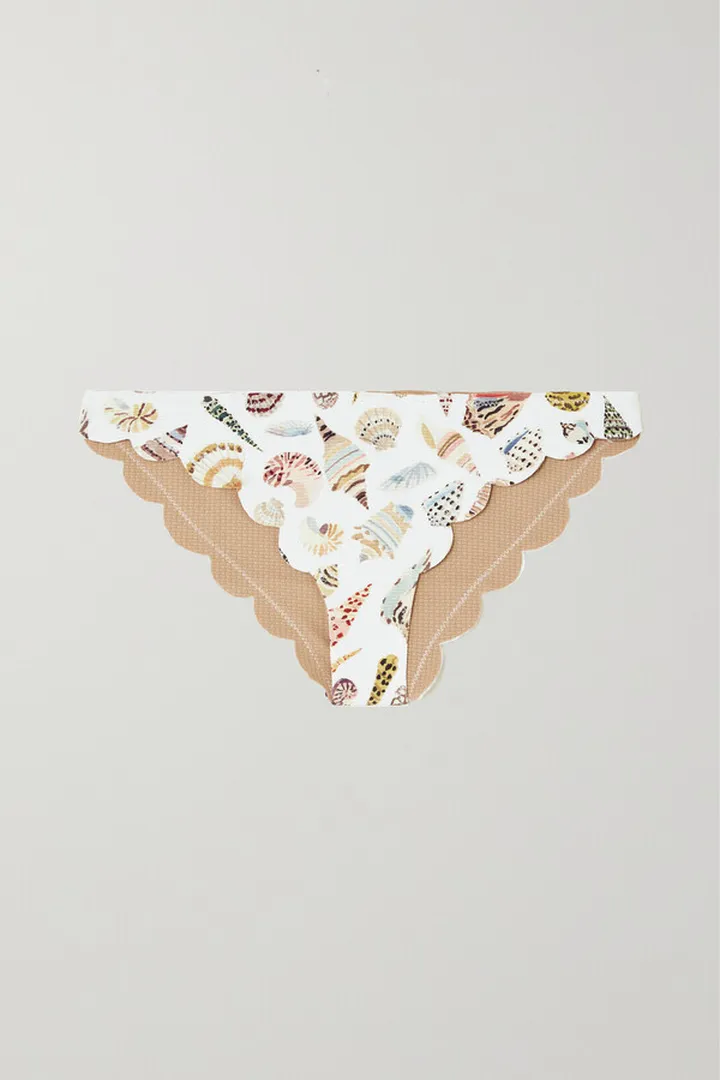 Marysia - Broadway Reversible Scalloped Printed Seersucker Bikini Briefs - Brown