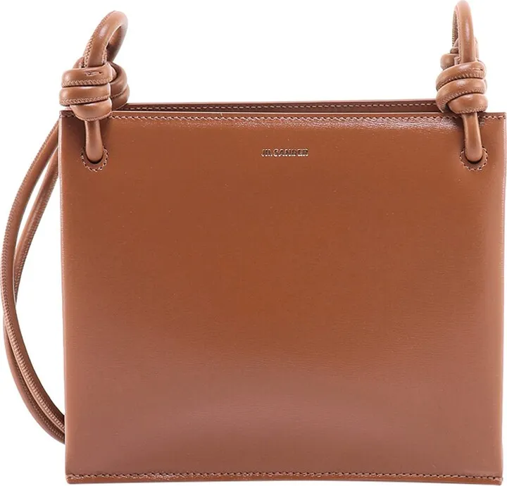 Leather shoulder bag with frontal gold logo