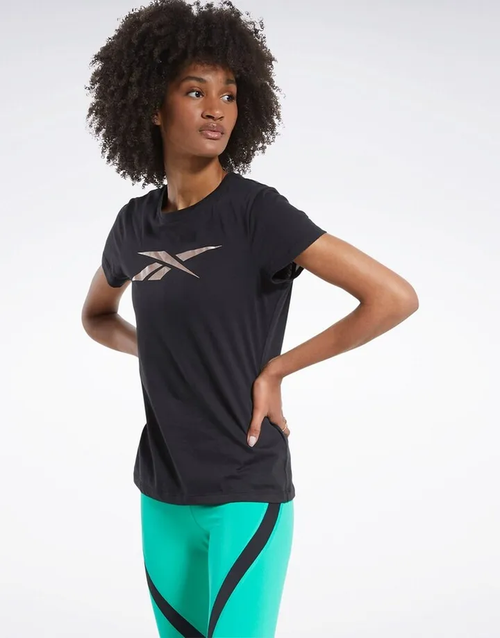 Reebok Training T-shirt in black with rose gold logo