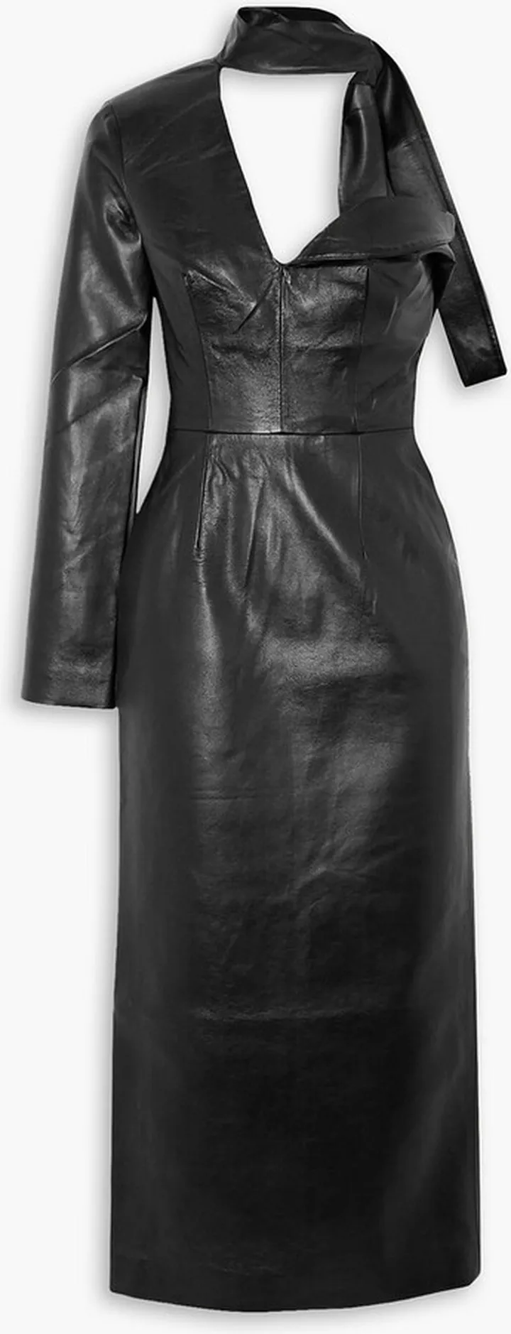 One-shoulder scarf-detail faux leather midi dress