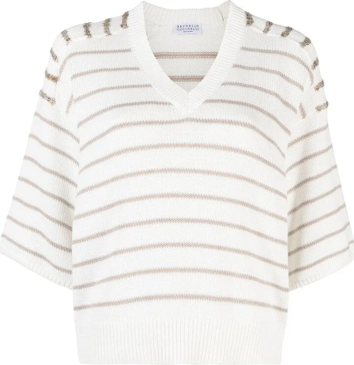 BRUNELLO CUCINELLI- Striped V-necked Jumper