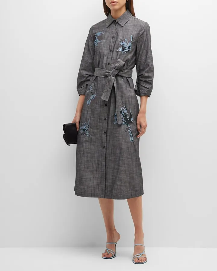 Floral-Embroidered Belted Chambray Shirtdress