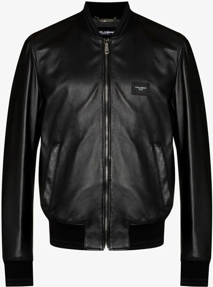 Black Logo Leather Bomber Jacket