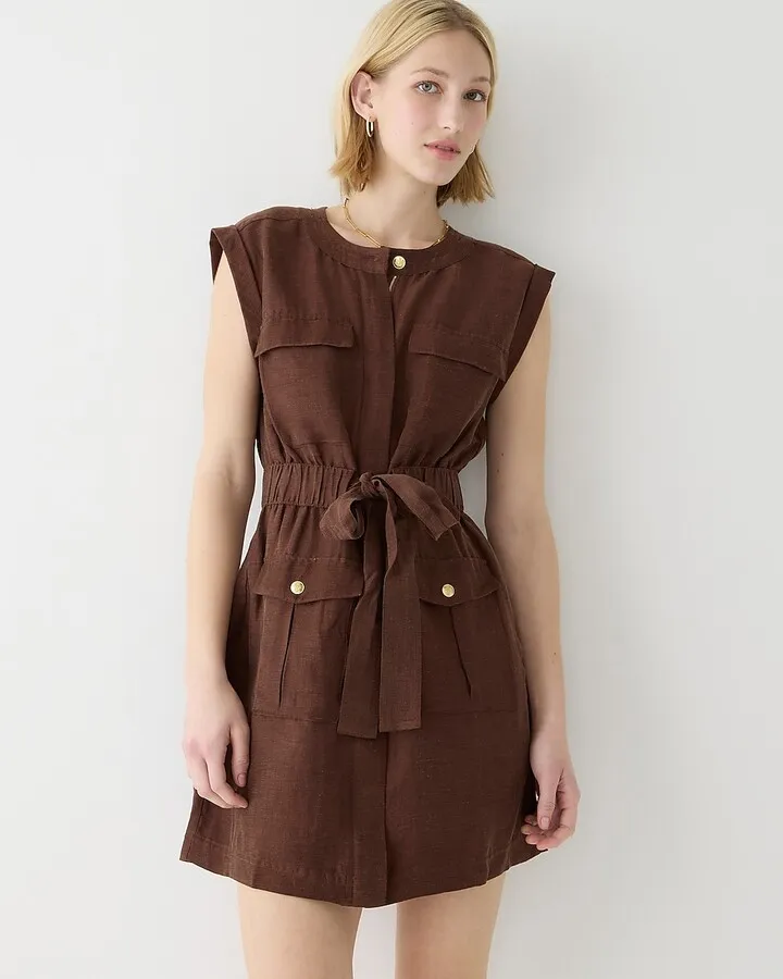 Tie-waist mini dress in Chelsea linen-cupro blend