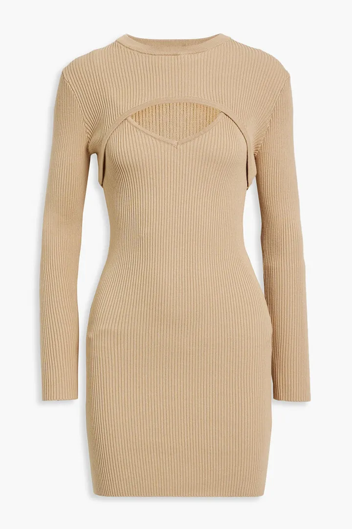 Layered cutout ribbed-knit mini dress