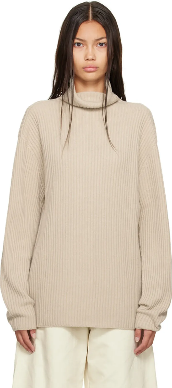 AMOMENTO Beige Ribbed Turtleneck