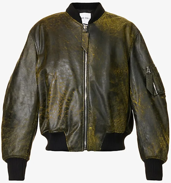 Womens Black Yellow Distressed Dropped-shoulders Leather Bomber Jacket