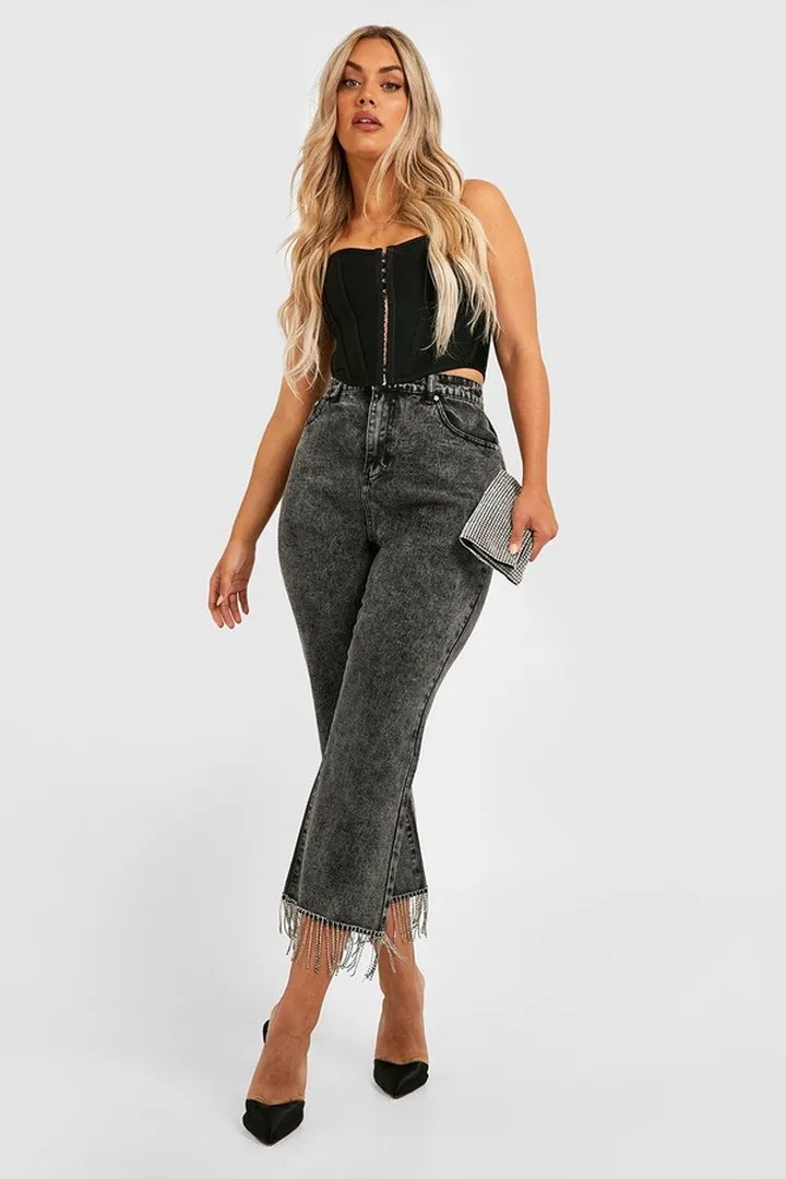 Plus Diamante Fringe High Rise Flare Jean