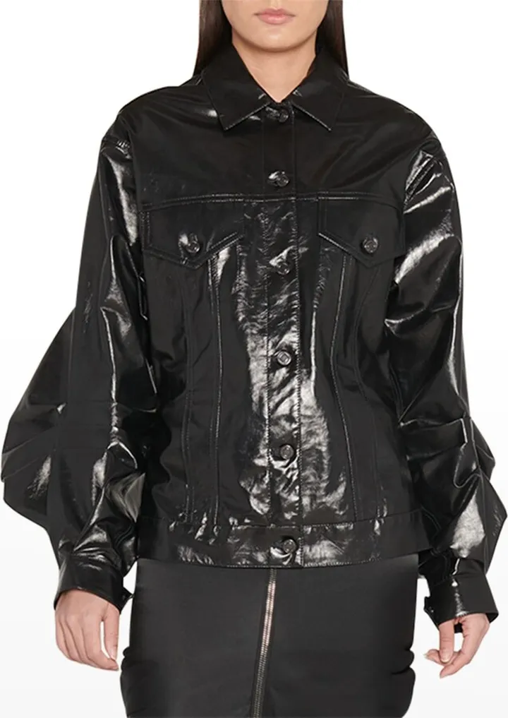 Balloon-Sleeve Patent Leather Jean Jacket