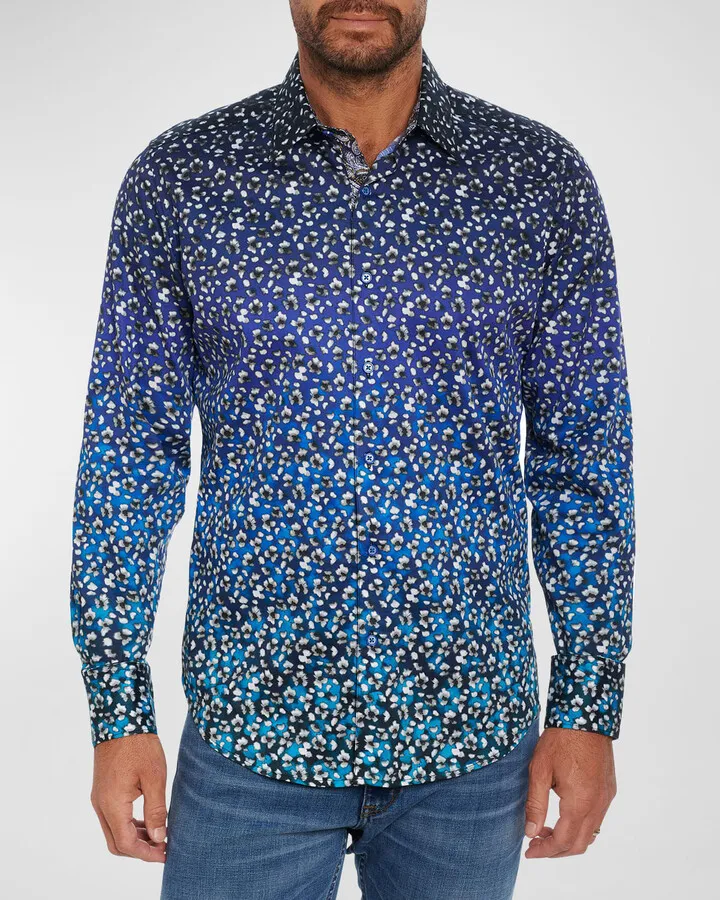 Men's Casa Aqua Ombré Floral Cotton-Stretch Sport Shirt