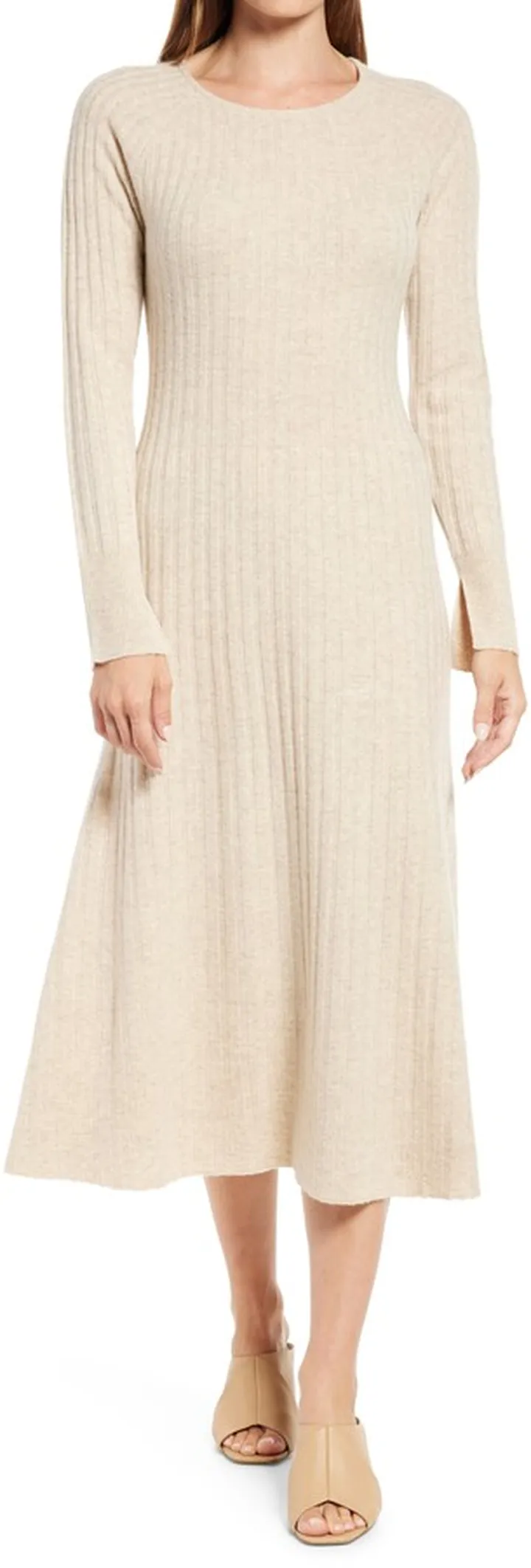 Rib Long Sleeve Midi Sweater Dress