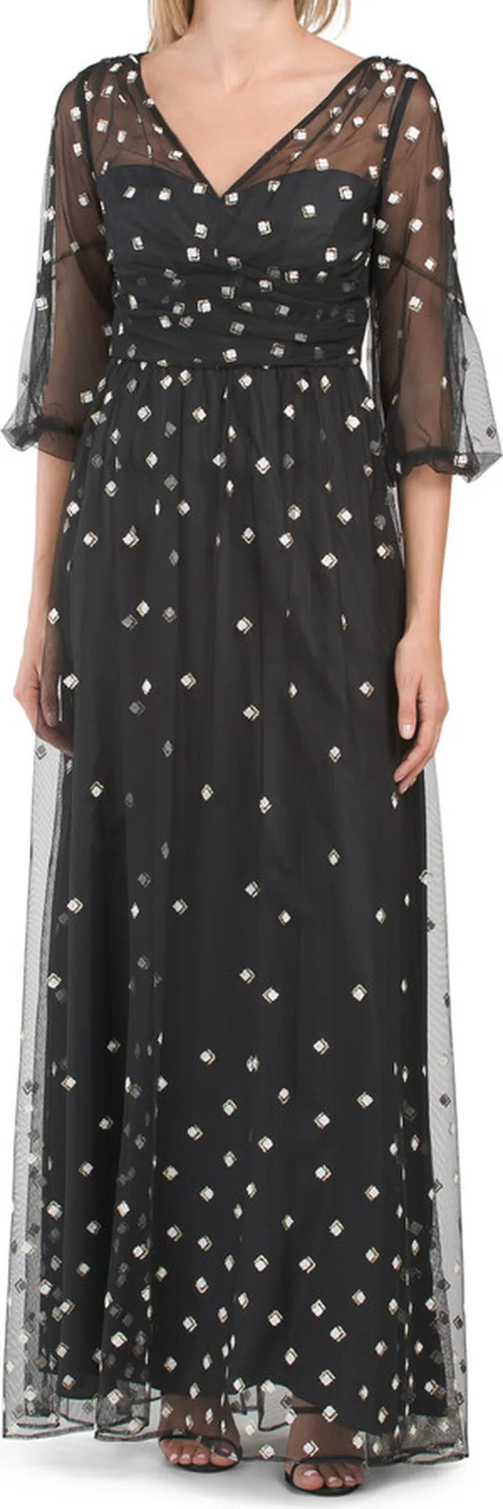 Metallic Glitter V-neck Three Quarter Balloon Sleeve Gown