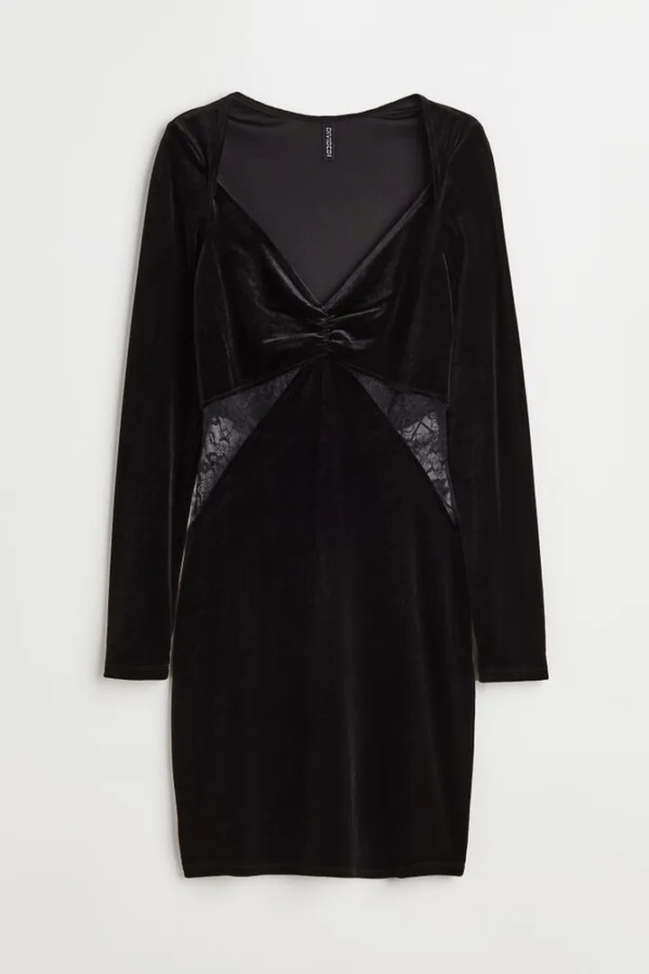 Lace-detail Velour Bodycon Dress