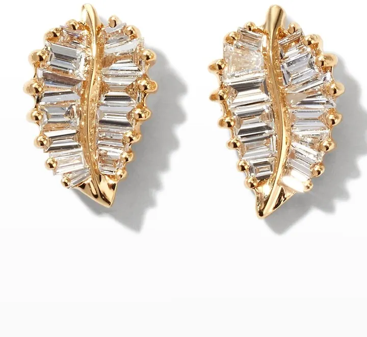 18K Yellow Gold Diamond Small Palm Leaf Stud Earrings