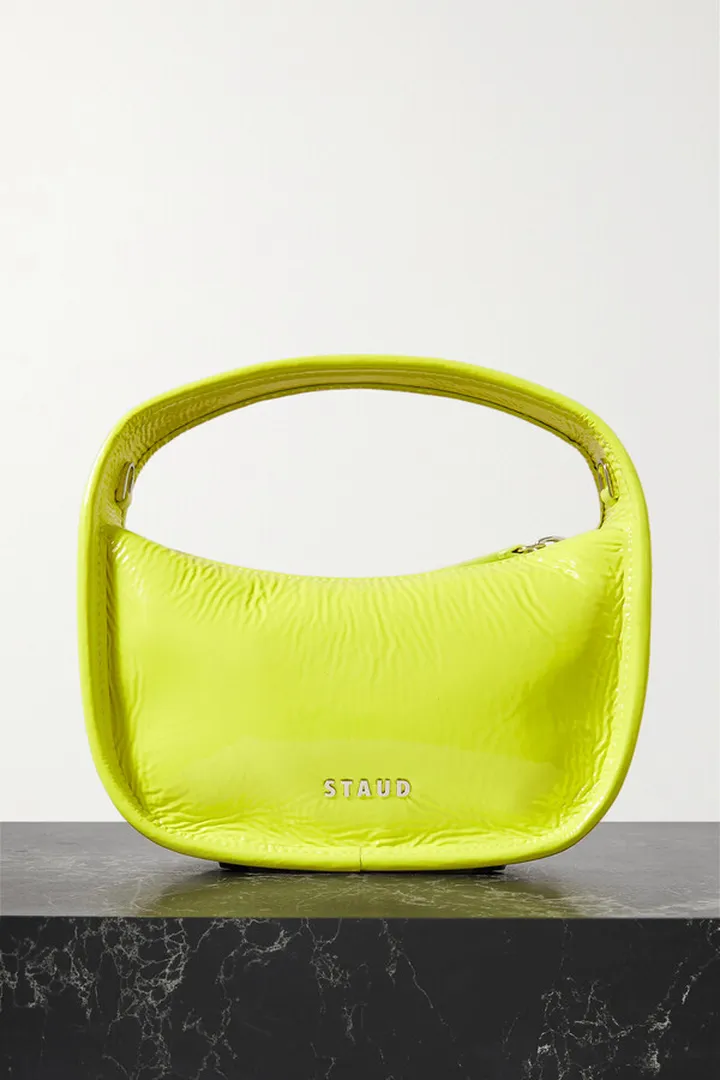 STAUD - Venice Neon Crinkled Patent-leather Tote - Green
