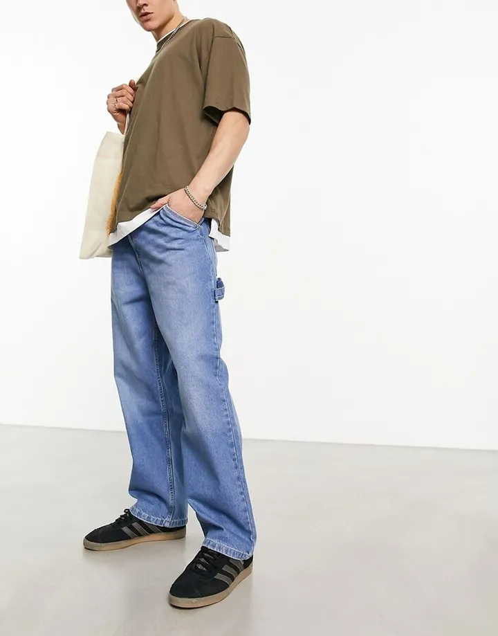Bershka carpenter fit jeans in mid blue