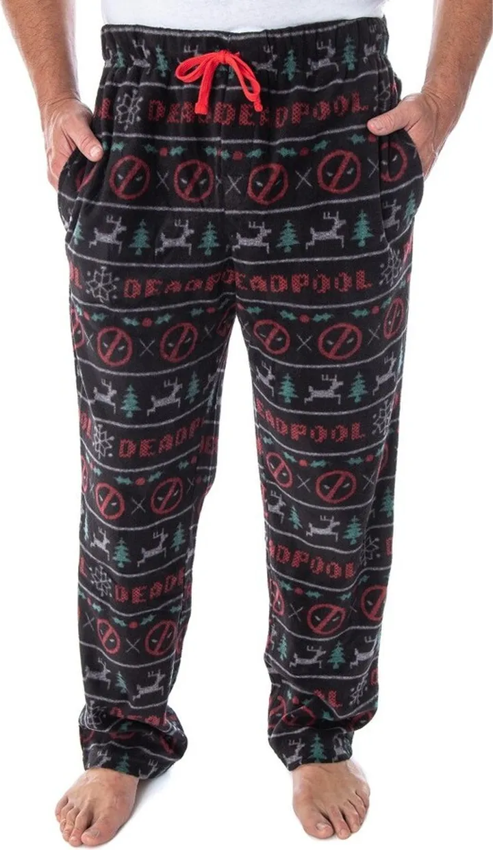 Marvel Men's Deadpool Christmas Ugly Sweater Fleece Sleep Pajama Pants (XL) Black