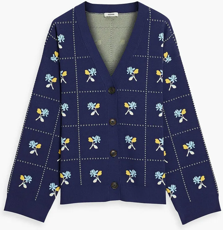 Pointelle-trimmed jacquard-knit cardigan