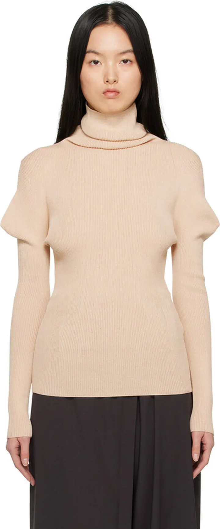 132 5. ISSEY MIYAKE Beige Flat Rib Turtleneck