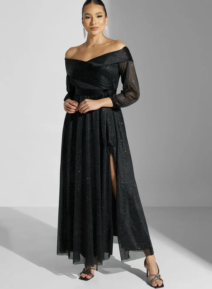 Off Shoulder Shimmer Dress With Slit