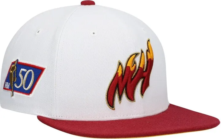 Men's Mitchell & Ness White and Red Miami Heat Hardwood Classics 50th Anniversary Snapback Hat