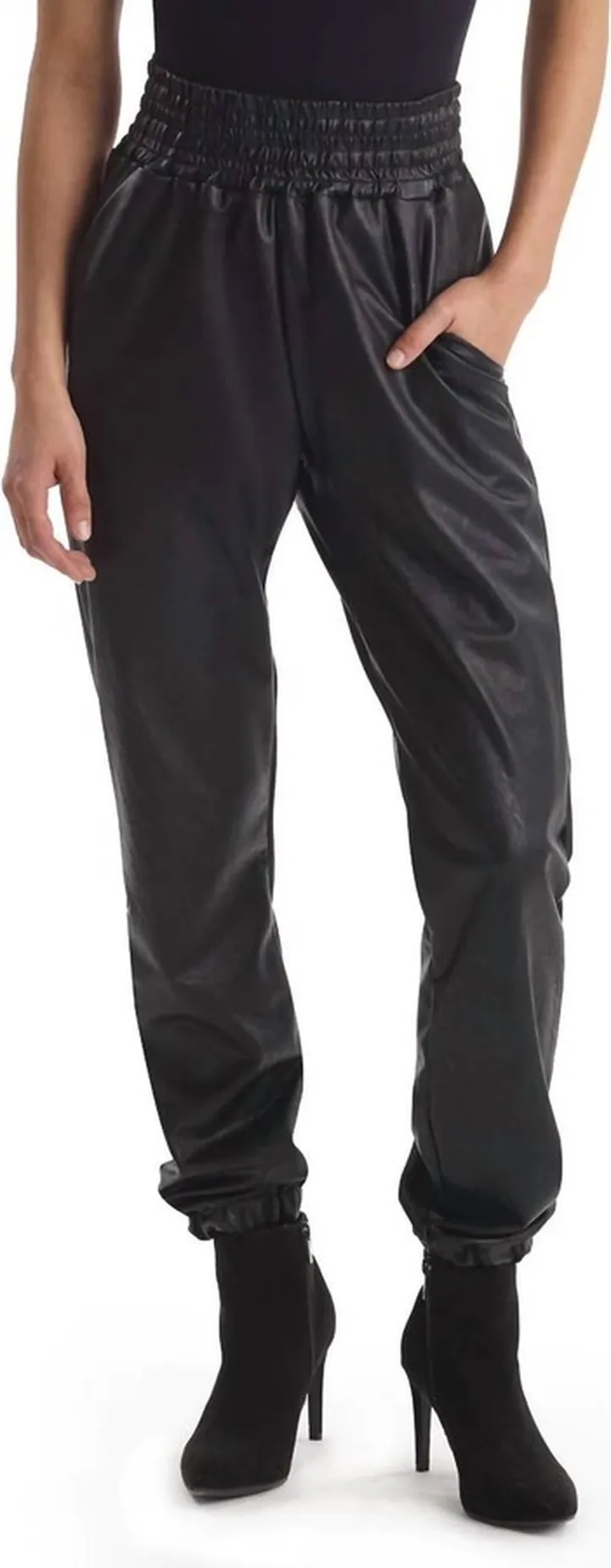 Faux Leather Smocked Jogger in Black