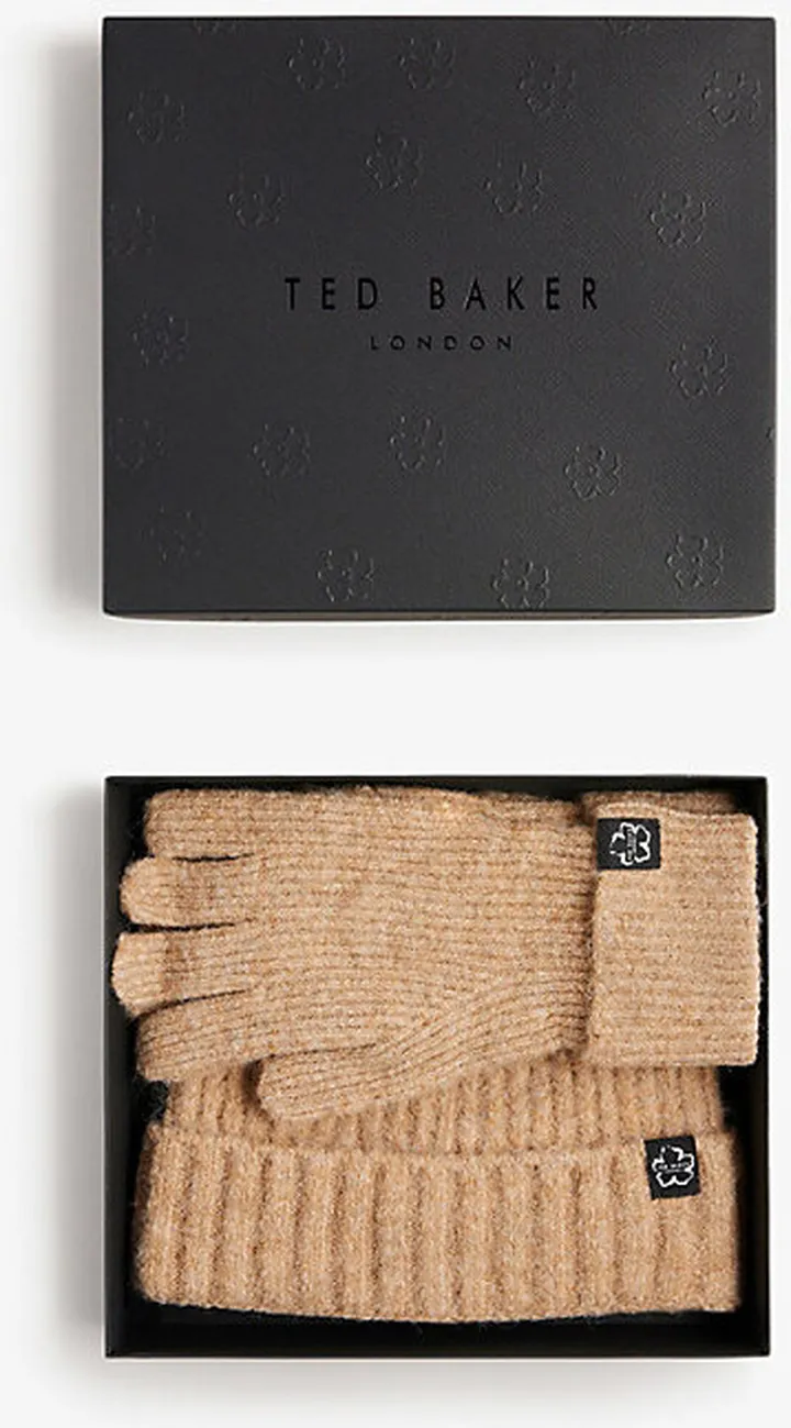 Womens Brown Brite Rib-knit hat and Glove set