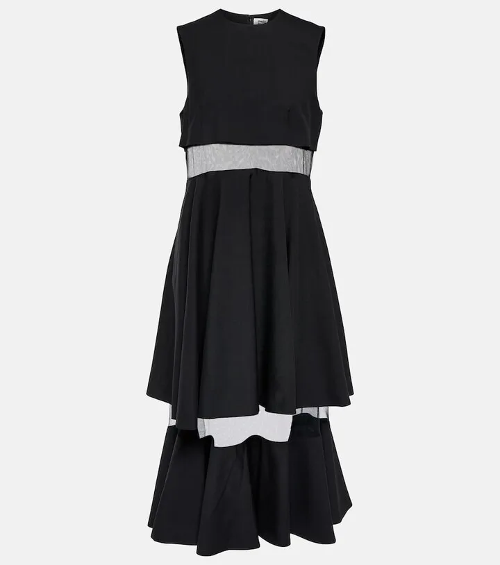 Mesh-trimmed wool midi dress