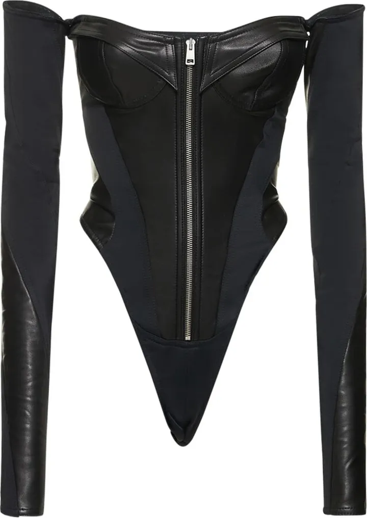 Off-the-shoulder leather corset bodysuit