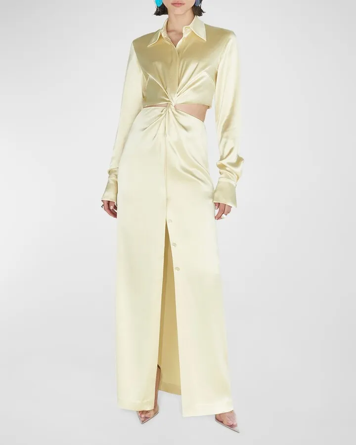 Twisted Cutout Liquid Satin Maxi Shirtdress