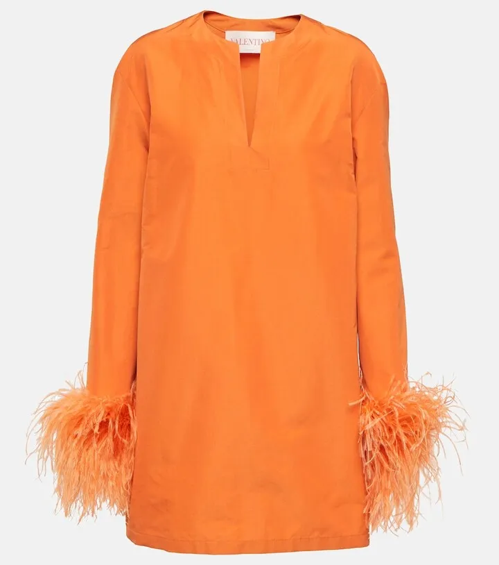 Feather-trimmed faille minidress